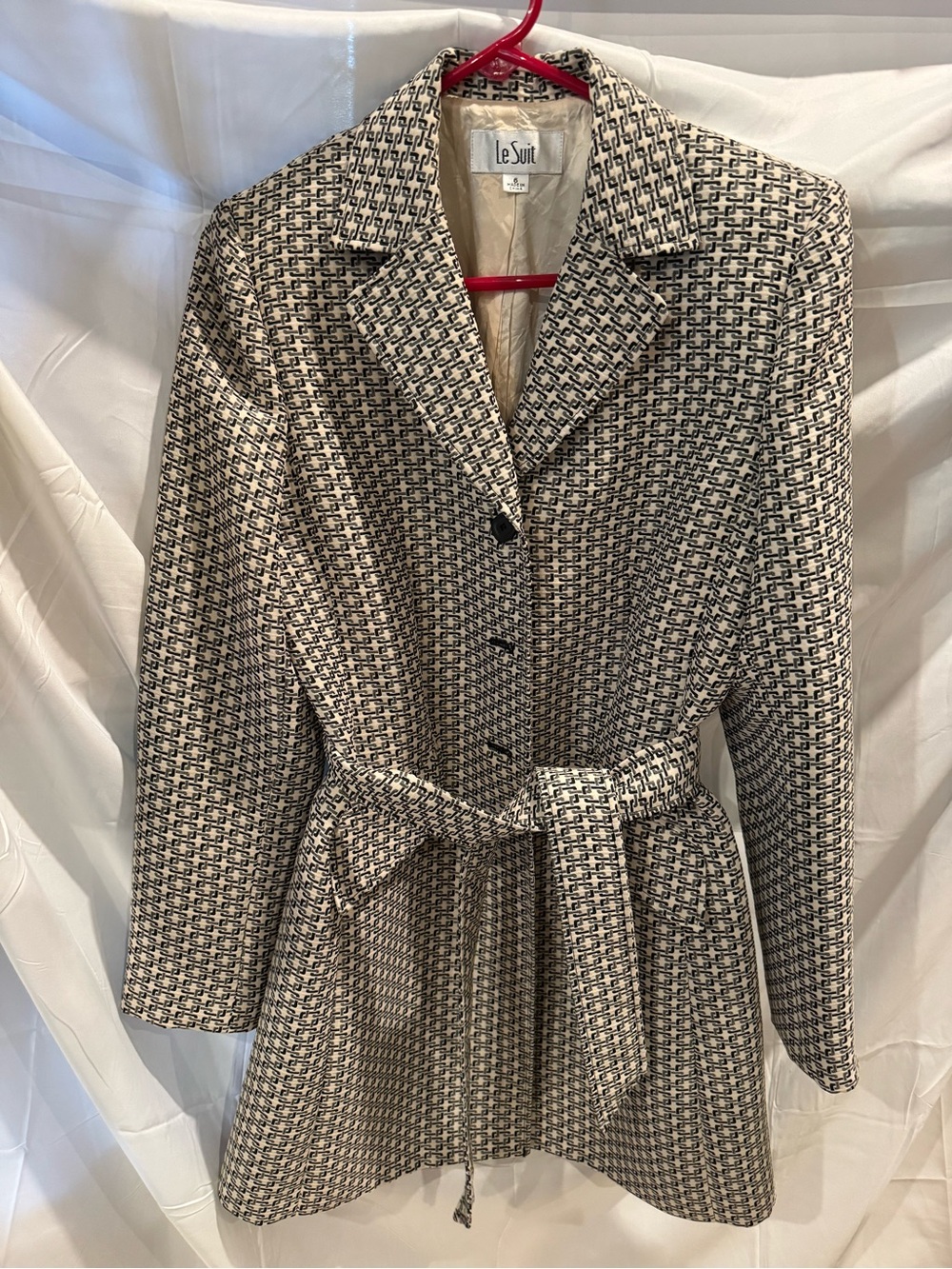 Le Suit Beige and Black Patterned Belted Trench Jacket